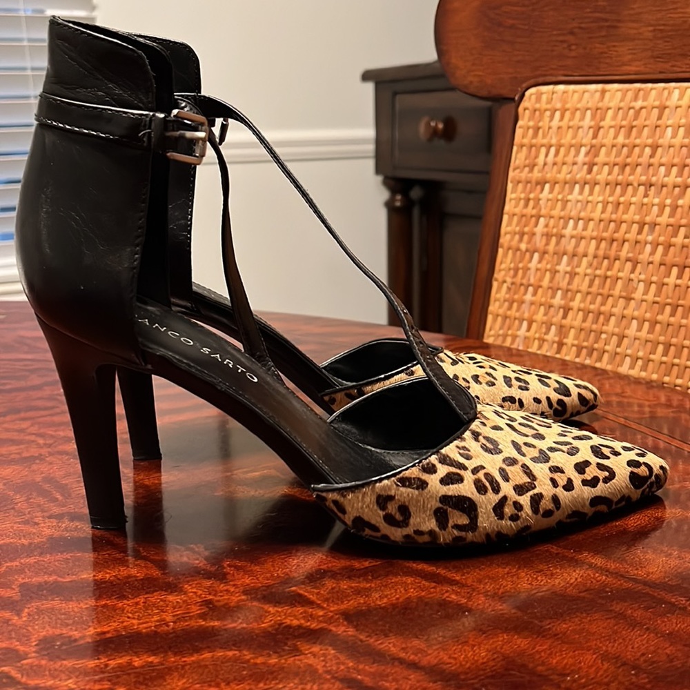 NWOT Franco Sarto Black Leather Leopard skin heels